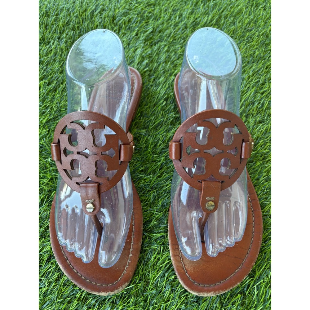 Tory Burch Miller Thong Sandals Tan Leather Logo Flat Size 9M Brazil